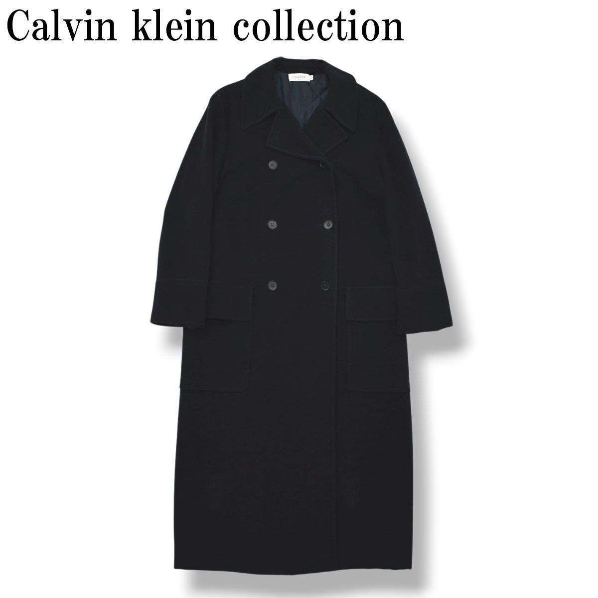 カルバンクライン コレクション Calvin klein collection アンゴララビットヘア混ウール ロング ダブルブレスト チェスターコート マキシ丈 8 ネイビー レディース ♪
