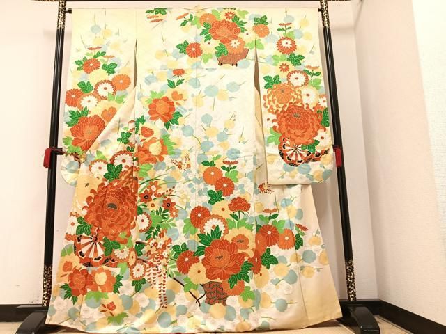 ラリル✺美品 正絹 金駒刺繡 唐花 トールサイズ 振袖 着物 A3712 安い 正統派古典 赤/ゴールド(金色) 牡丹柄 人気 定番 可愛い