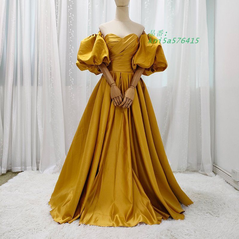 カラードレス 2WAY つけ袖 イエロー ゴールド 前撮り ビスチェ ウェディングドレス パーティー 発表会 ロングドレス 結婚式 演奏会 ウエディングドレス 二次会 kni5a576415