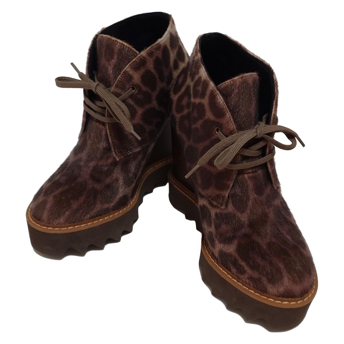 stellamccartney ステラマッカートニー ブーティ 36 レディース - ベージュ×ダークブラウン×ブラウン 豹柄 ウェッジソール