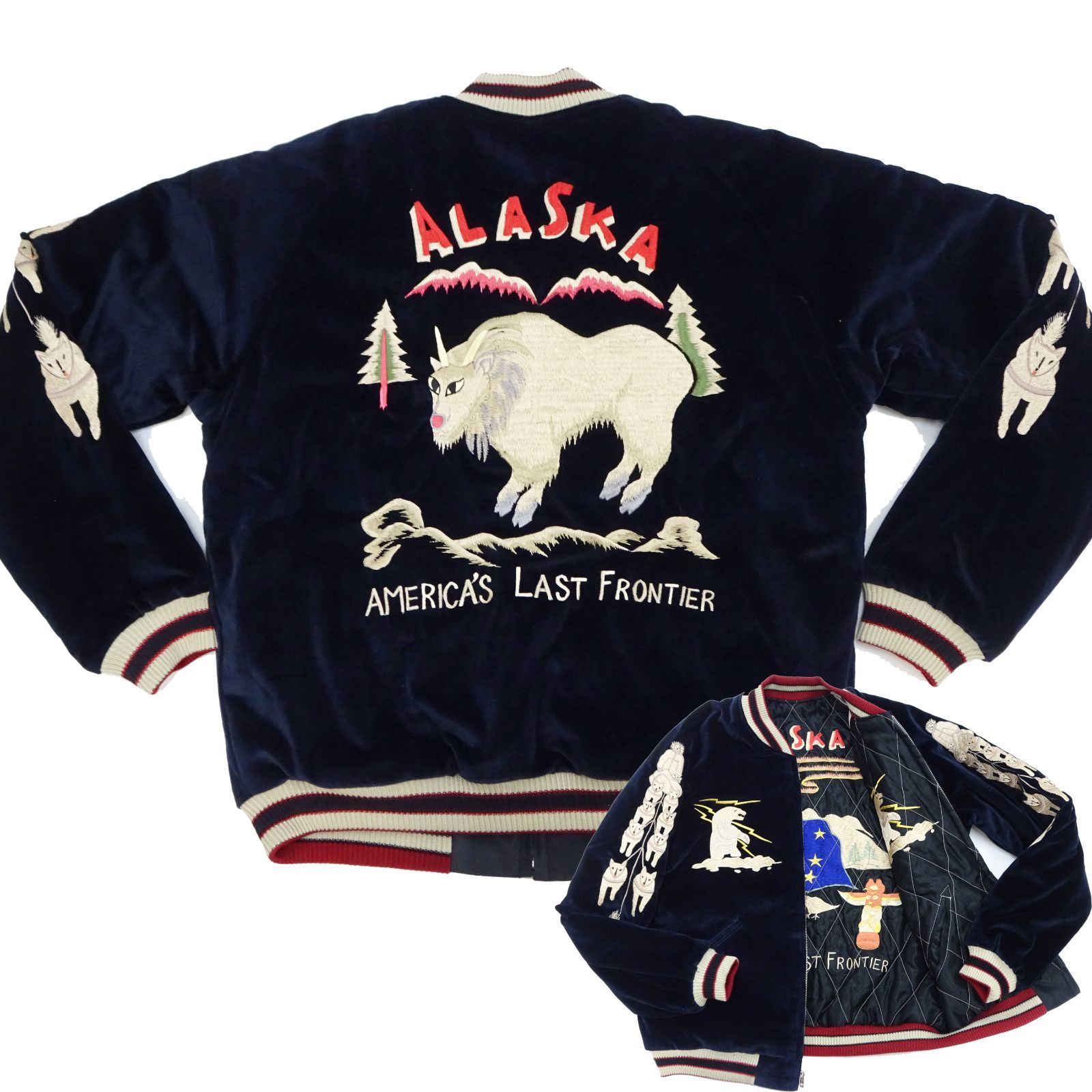 テーラー東洋 リバーシブル スカジャン アラスカ シロイワヤギ 犬ぞり 白熊 TT15544 スーベニアジャケット MOUNTAIN GOAT” × ALASKAN FLAG” 別珍 べっちん × アセテート 中綿 ダークネイビー