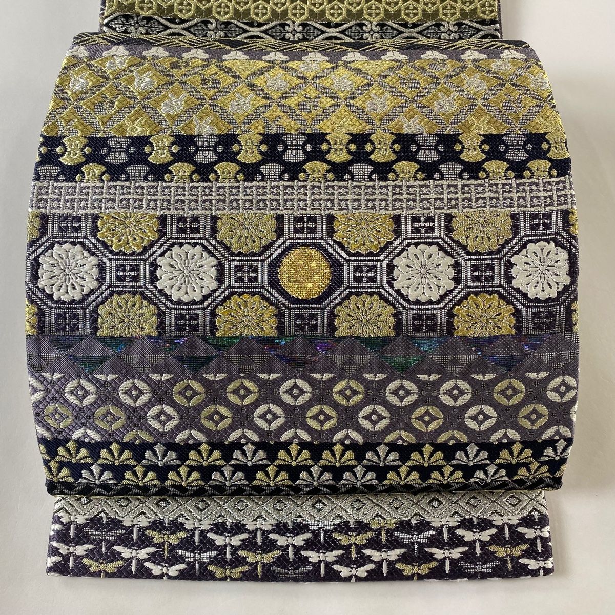 袋帯 逸品 落款 誉田屋源兵衛 羽 幾何学 箔 茶緑色 六通 正絹 【】