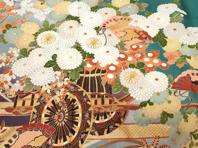 豪華振袖　駒刺繍　流水舞鳥文　暈し染め　金彩　着丈168cm　正絹　逸品 平和屋着物□豪華振袖 駒刺繍 流水草花文 金銀彩 正絹 逸品