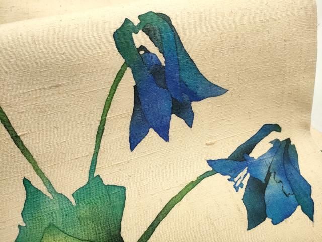 平和屋着物●九寸名古屋帯　作家物　紬地　臈纈染め　草花文　正絹　逸品　CAAT8103hy 平和屋着物○九寸名古屋帯 作家物 紬地 臈纈染め 草花文 正絹 逸品