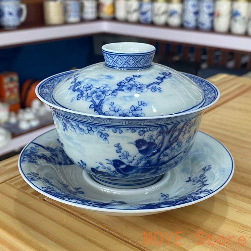 中国茶器 景徳鎮 陶磁器 青花喜上眉梢三才蓋碗 茶碗 煎茶器 新品未使用