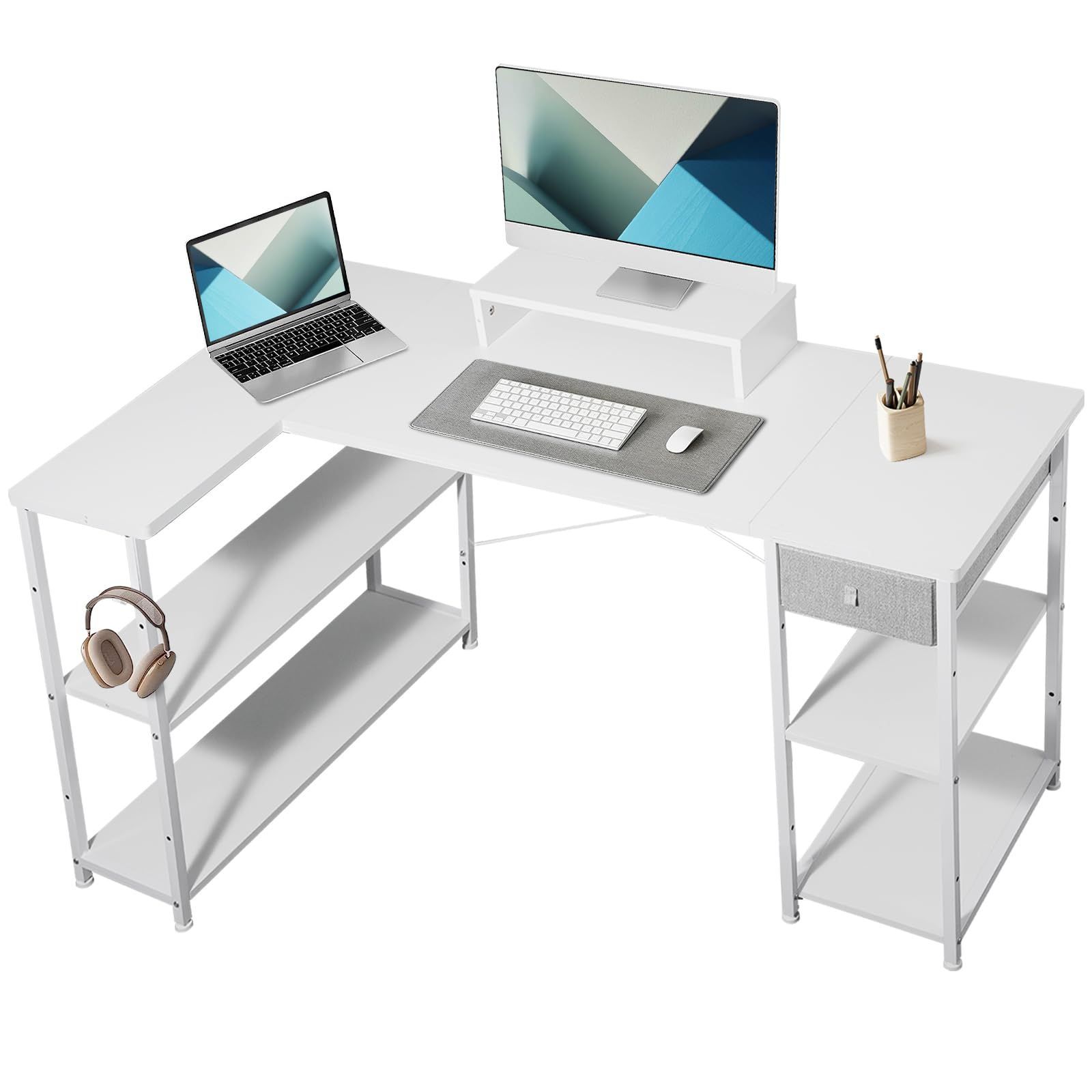 新着商品 幅136cm オフィスデスク desk コーナーデスク パソコンデスク右棚左棚 つくえ pcデスク 子 棚板高さ調節 勉強机 作業机 L字型 l字デスク 在宅ワークデスク 机 リモートワーク ラック付き Maihail 白い MARWIL-DEMENAGEMENTS_CH
