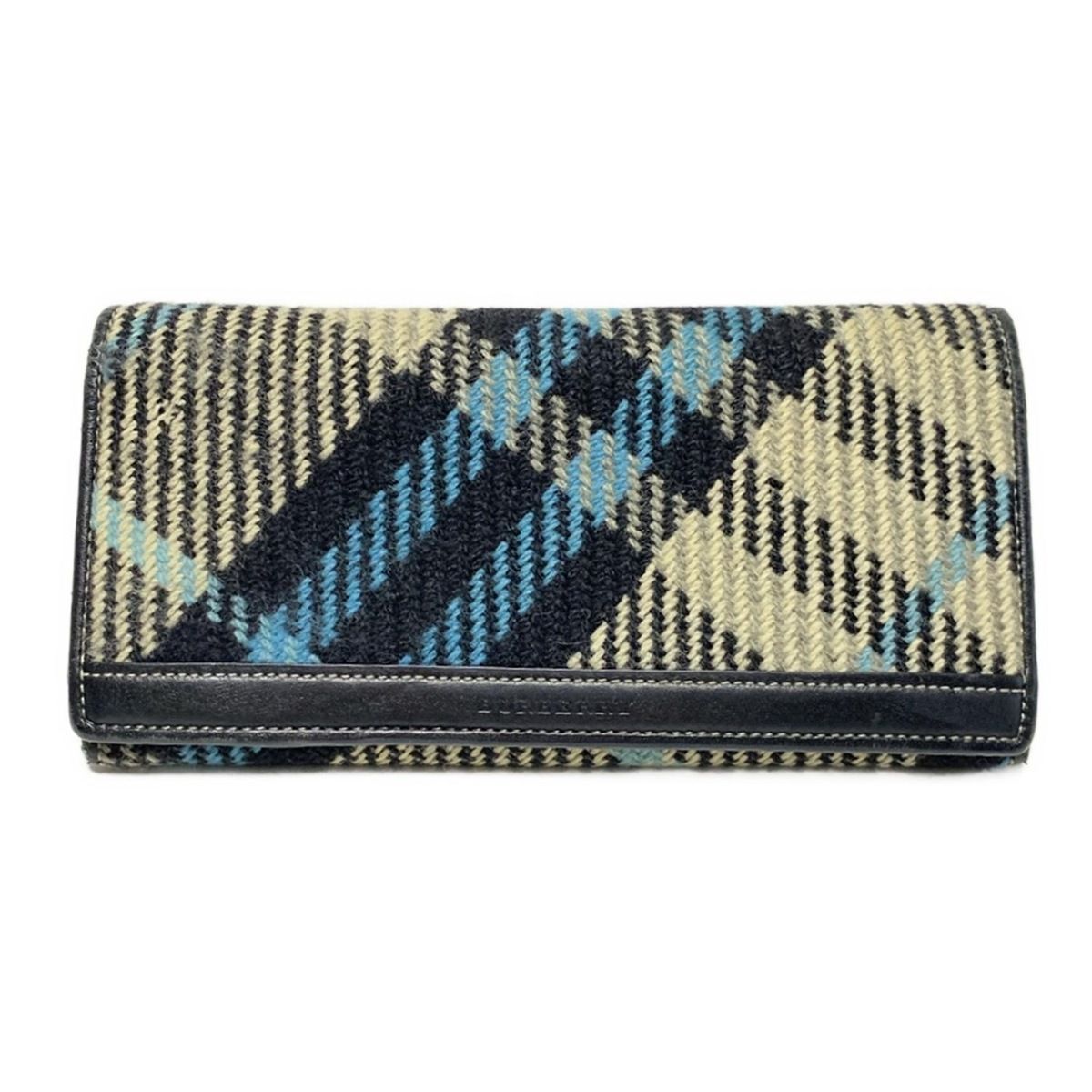 BURBERRY|Burberry バーバリー 長財布 - 黒×アイボリー×ブルー チェック柄 ウール レザー