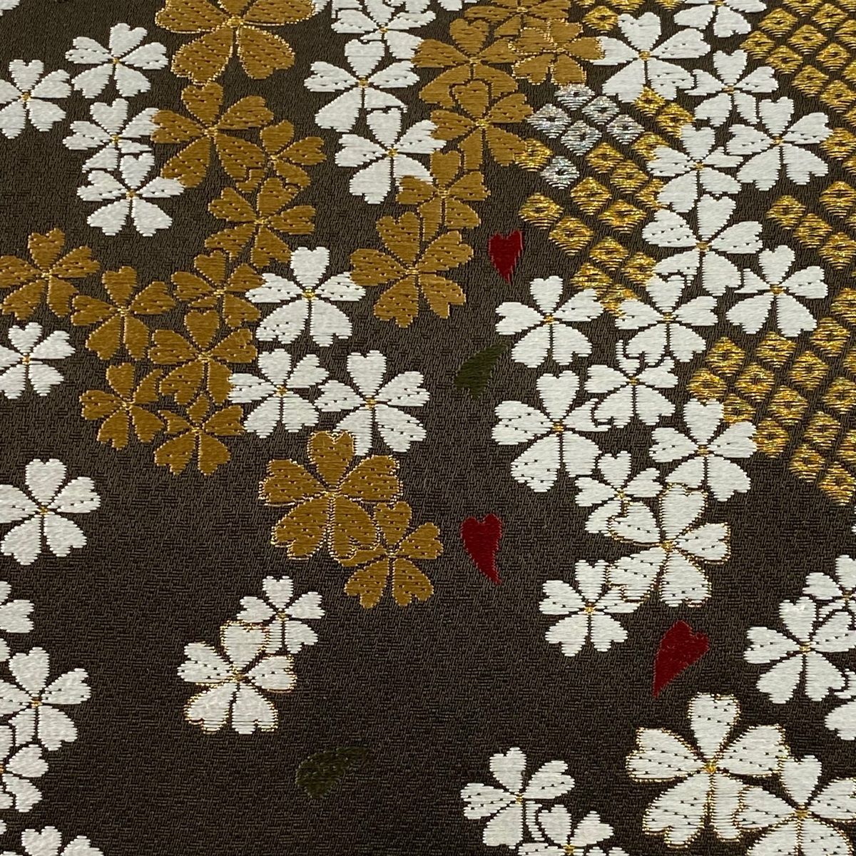 袋帯 美品 秀品 桜 疋田柄 刺繍 金銀糸 焦茶色 六通 正絹 【中古