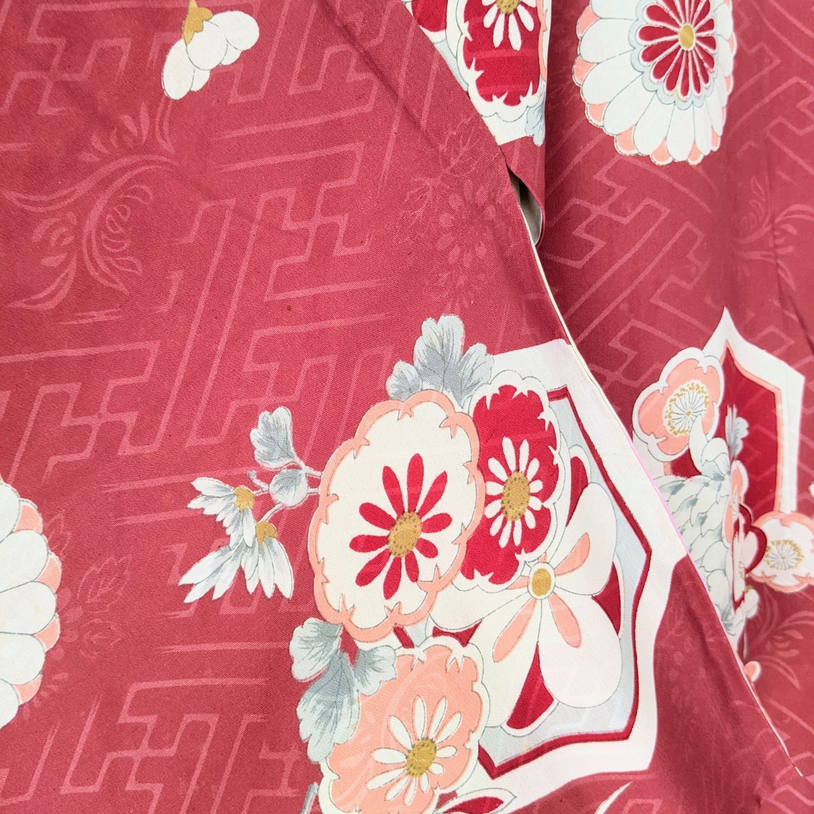 Japanese Vintage Haori Long Red Full of flowers Pattern Silk  