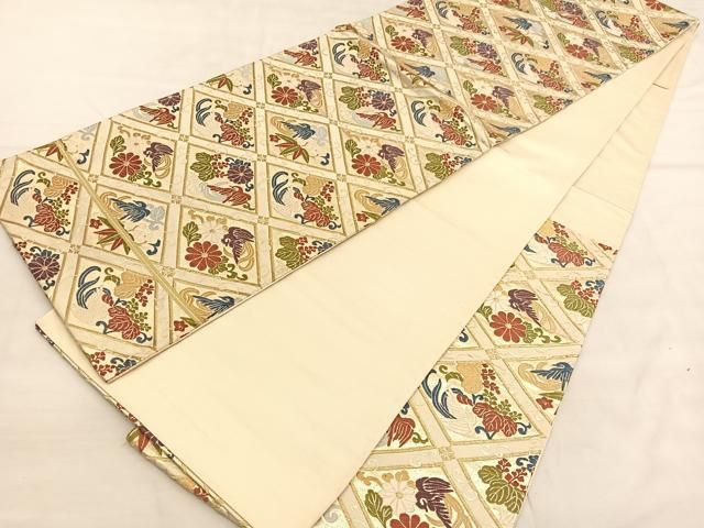 平和屋着物◎六通柄袋帯 唐織 菱天井花鳥文 金糸 正絹 逸品