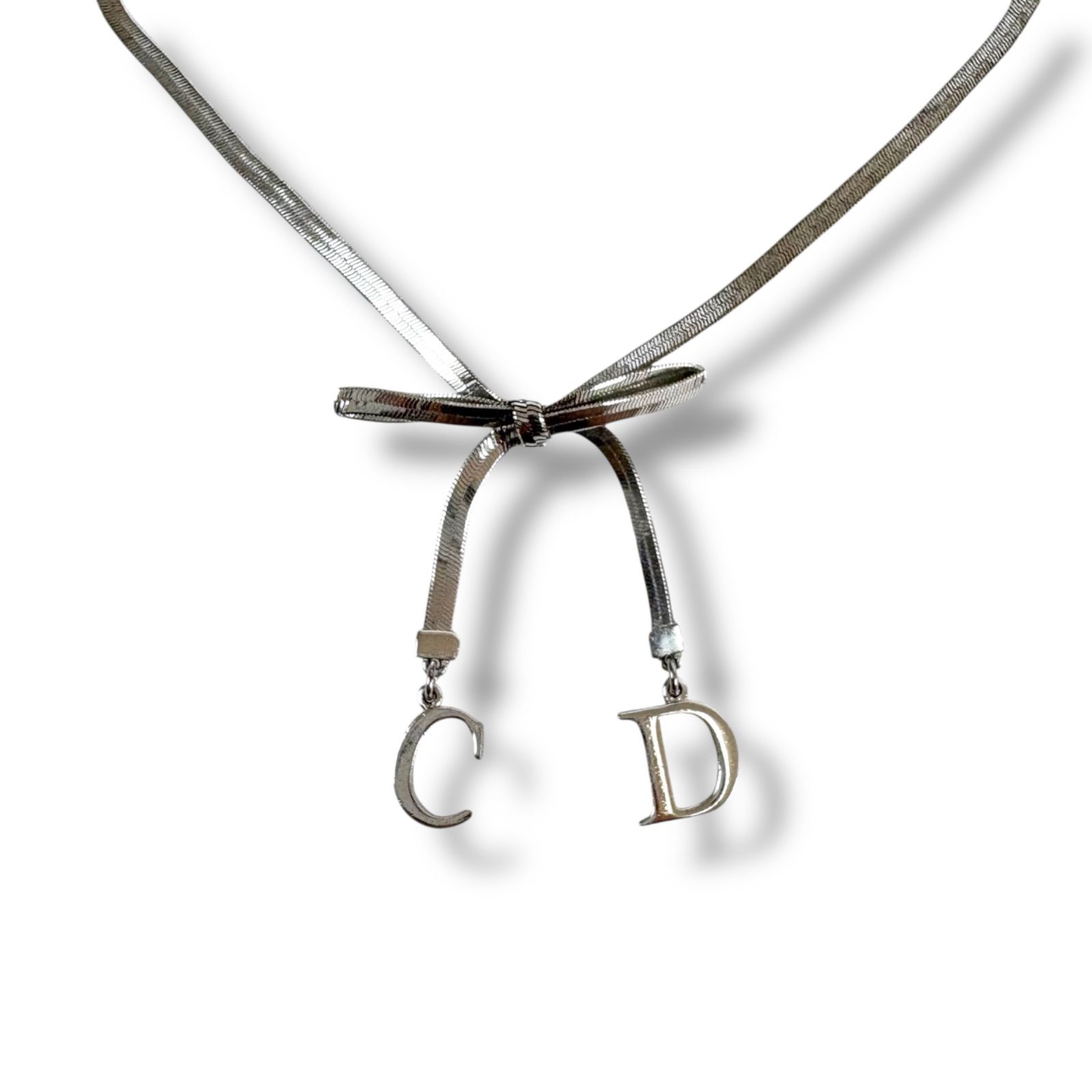 Christian Dior クリスチャンディオール チョーカー リボン CDロゴ ネックレス シルバー金具 SV ヴィンテージ