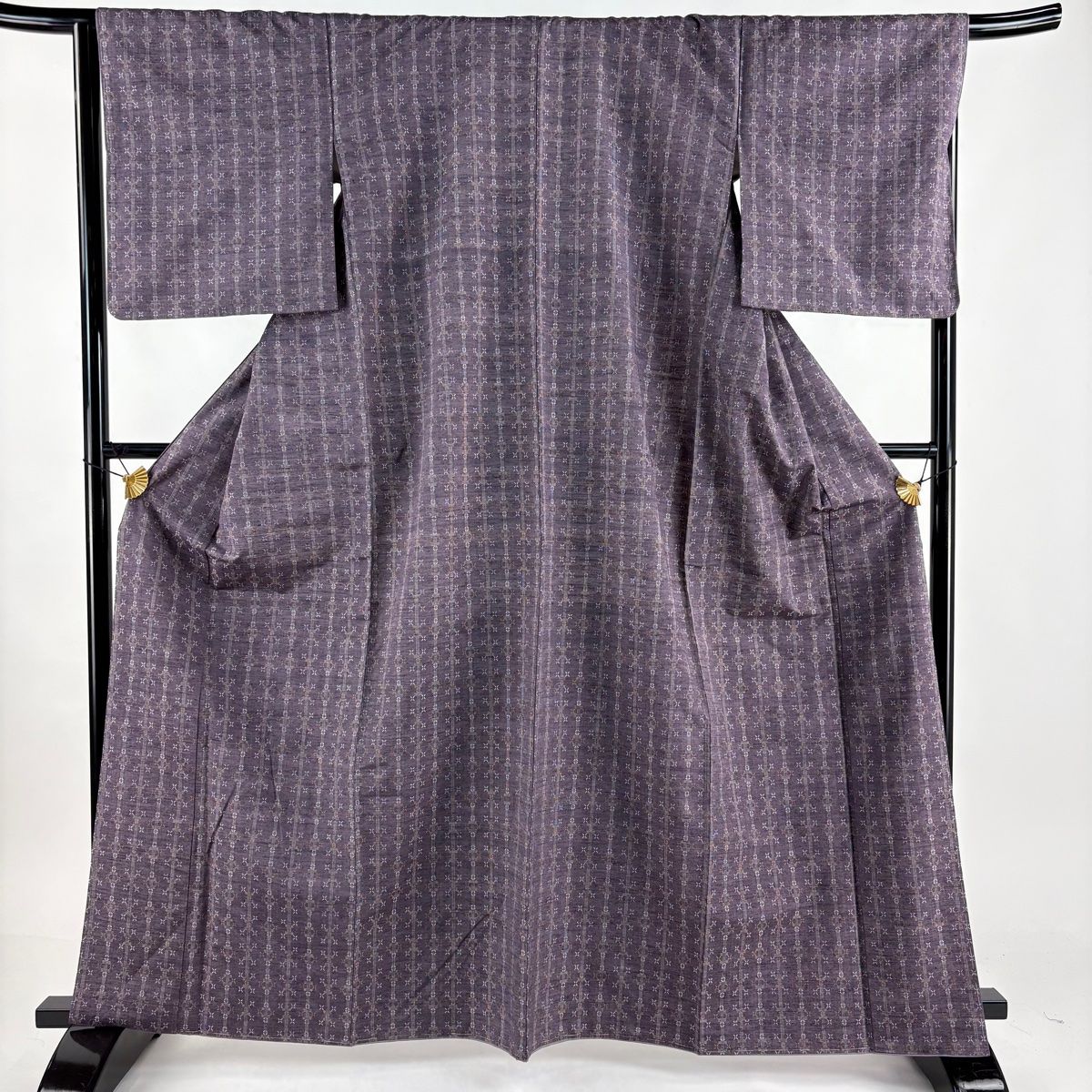 紬 身丈163.5cm 裄丈66cm M 袷 幾何学模様 縞 紫 正絹 名品