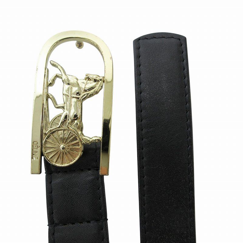CELINE 馬車金具　レザー　ゴールド　ブラック　ベルト　85 CELINE - CELINE セリーヌ 馬車金具 レザー ベルト フランス製