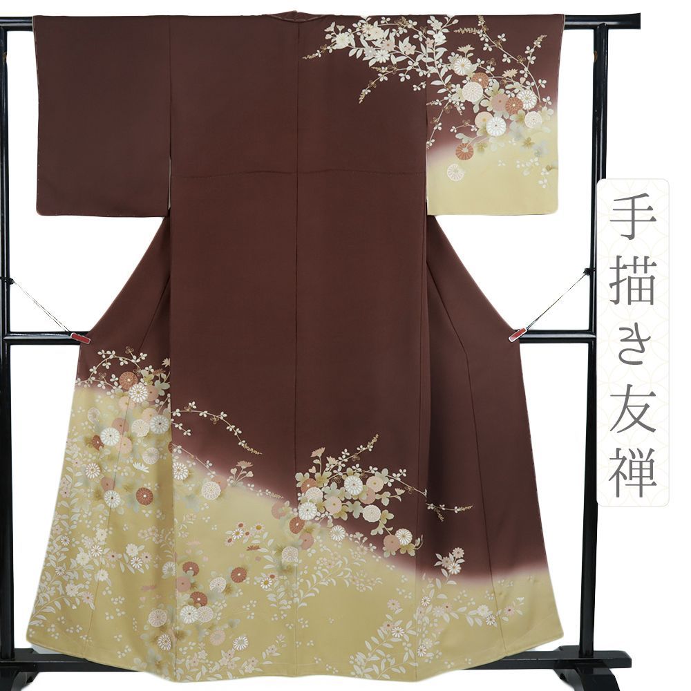 訪問着 正絹 七五三 新古品 着物 小豆色 秋草 菊 撫子 椿 萩 身丈163cm 裄63.5cm Ｌサイズ セミフォーマル 礼装用 No.i3-0915