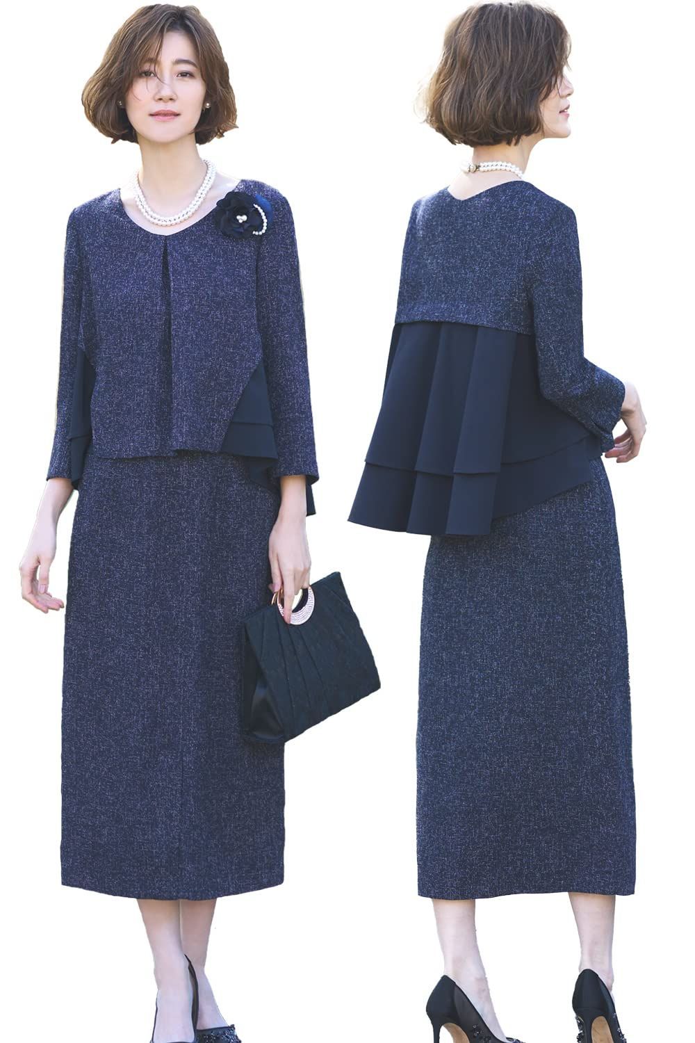 Size M_Color ネイビー NE ルイ ルエ ブティック バック ペプラム トップス ロング タイトスカート ツイード セットアップ レディース ミセス ママ スーツ スカートスーツ 長袖 フォーマル カジュアル 大きいサイズ 式 セレモニー 入