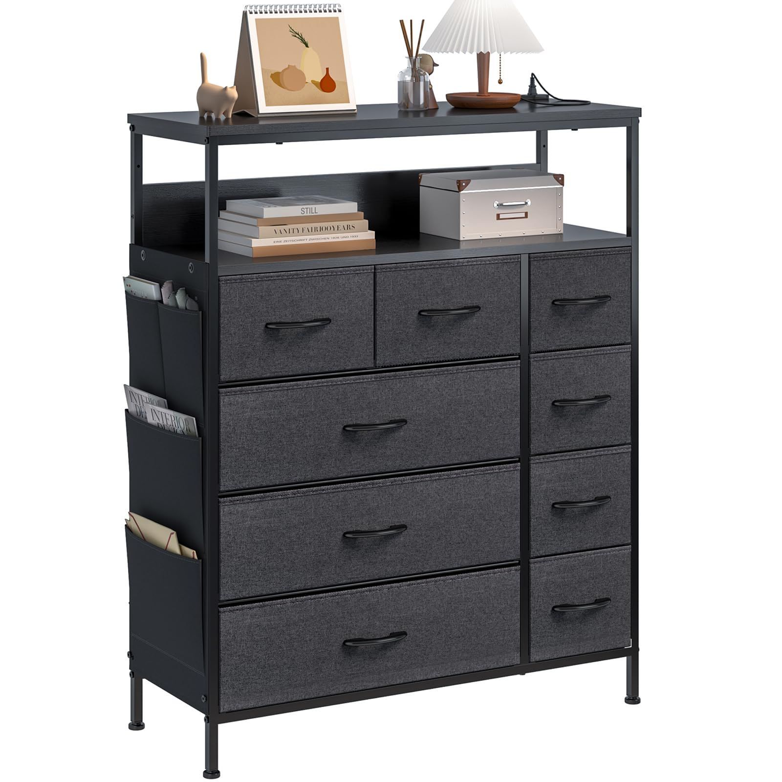 数量 整理タンス 布製引き出し 脱衣所 ランドリーチェスト リビング マルチチェスト 高通気性カチオン ハイチェスト キャビネット おしゃれ 箪笥 収納 衣類 洋服 ブラック 収納棚 衣装ケース 側面収納ポケット タンス チェスト 2口コンセント-2段