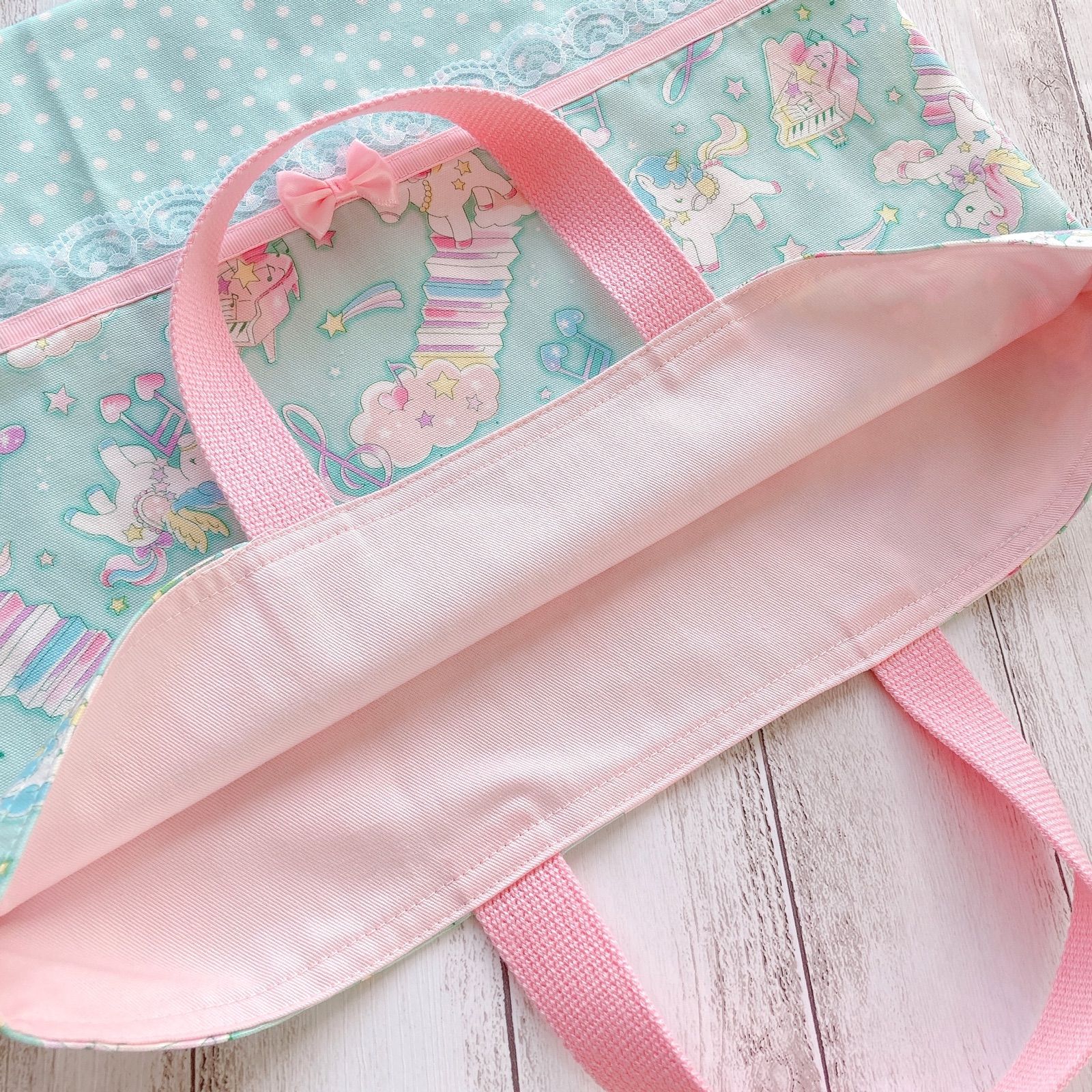 レッスンバッグ ハンドメイド 女の子 手提げ ユニコーンミント×水玉 