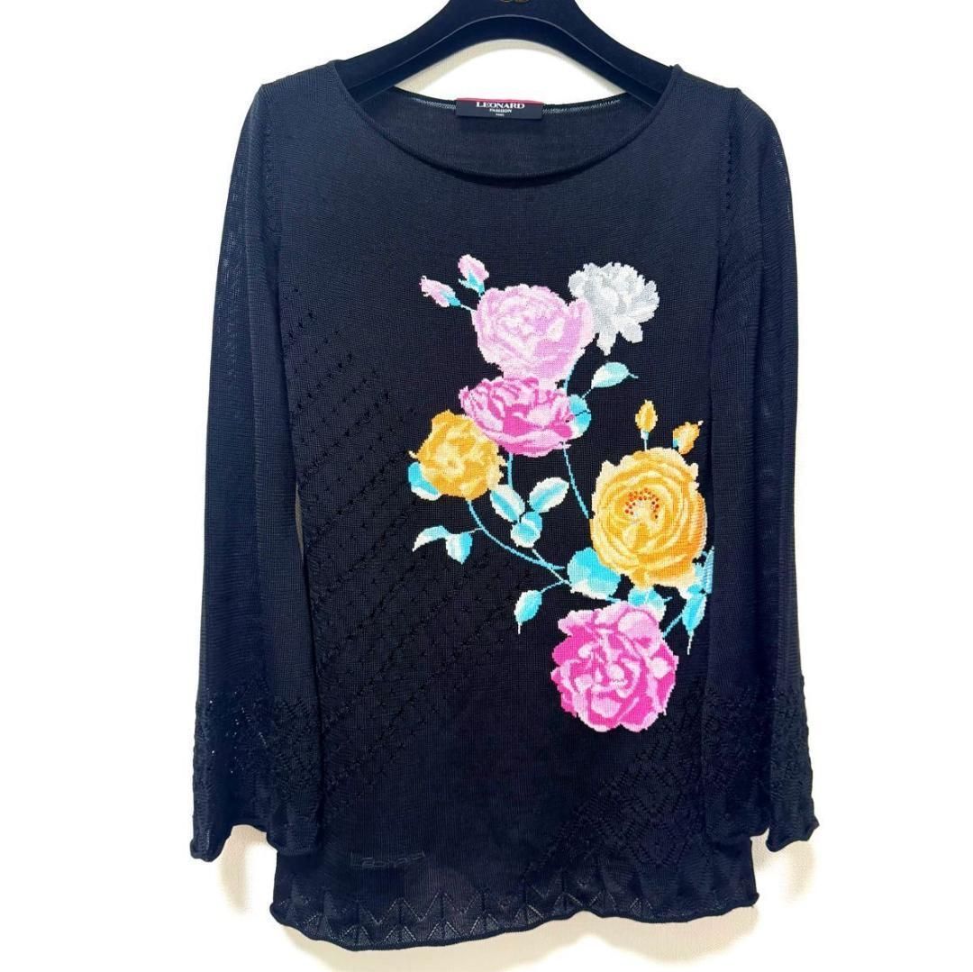 絹 LEONARD 花柄 ニット ラインストーン ブラック M