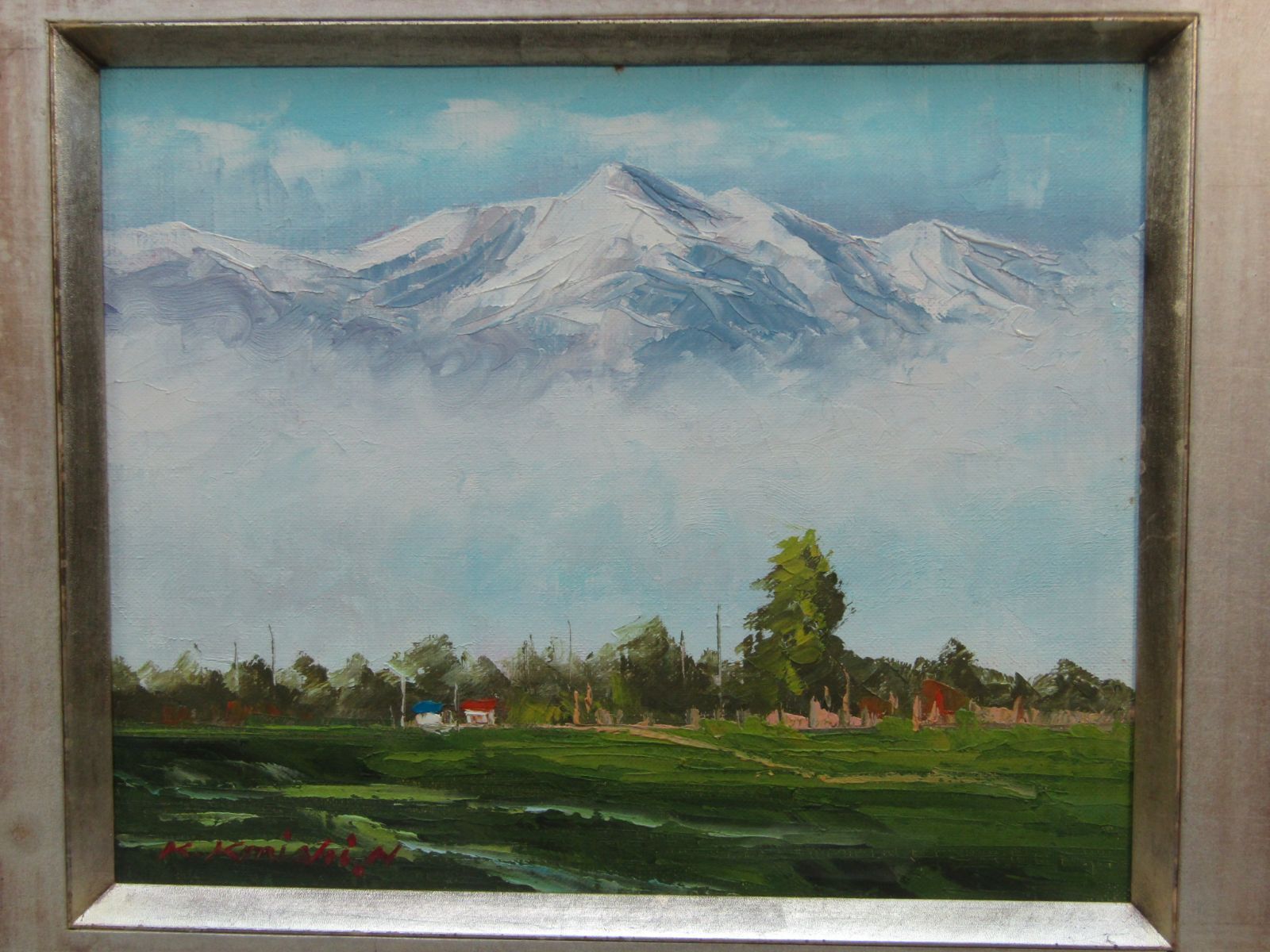油絵 「北アルプス五龍岳」 K.Konishi F3号 47×42cm 額装 風景画