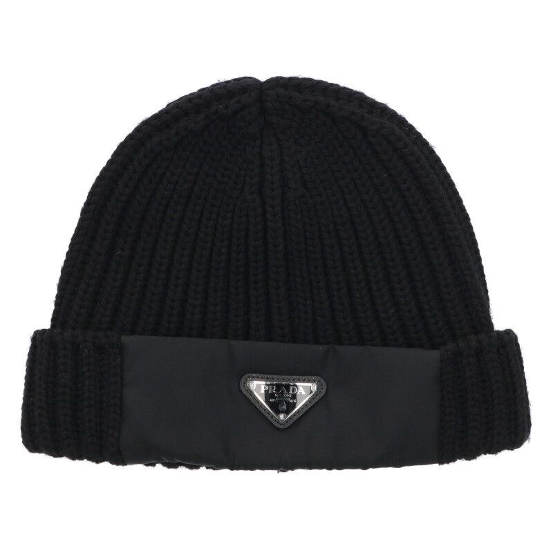 PRADA プラダ UMD446 三角プレートナイロン切替ニット帽 メンズ M PRADA プラダ UMD446 三角プレートナイロン切替ニット帽 メンズ M
