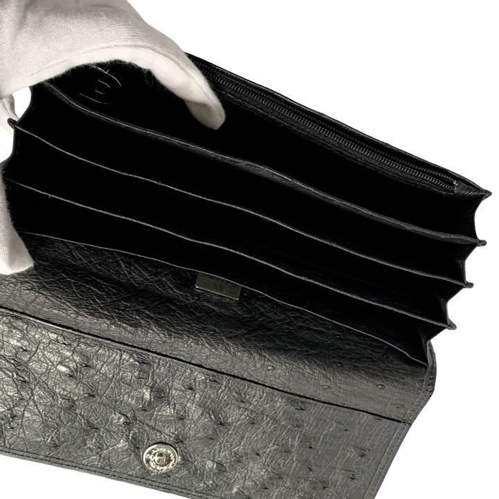 DALUVANI　ダルバー二　長財布　オーストリッチ　高級レザー　黒　収納多い 日本製 メンズ 折り財布 オーストリッチ 無双仕立て 小銭入れ付き