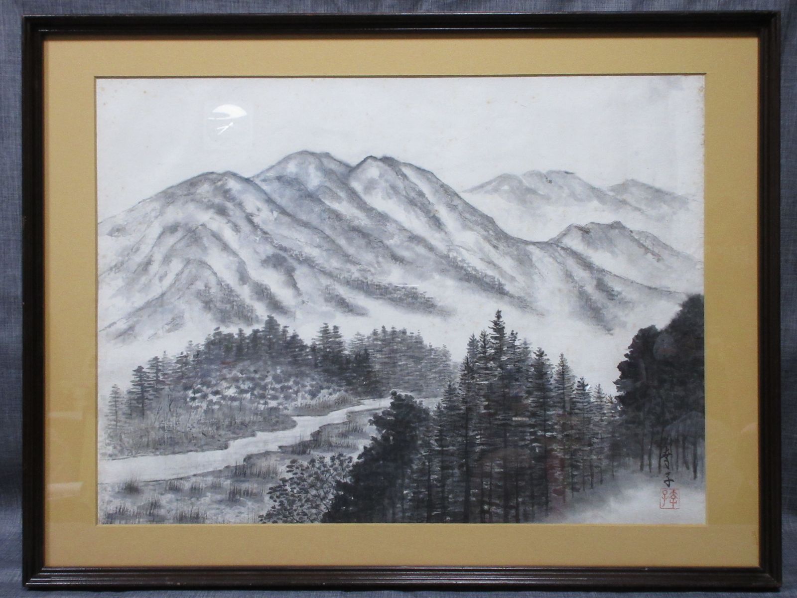 水墨画 墨絵 肉筆 幸子作 山岳 山林 風景画 額縁 - メルカリ