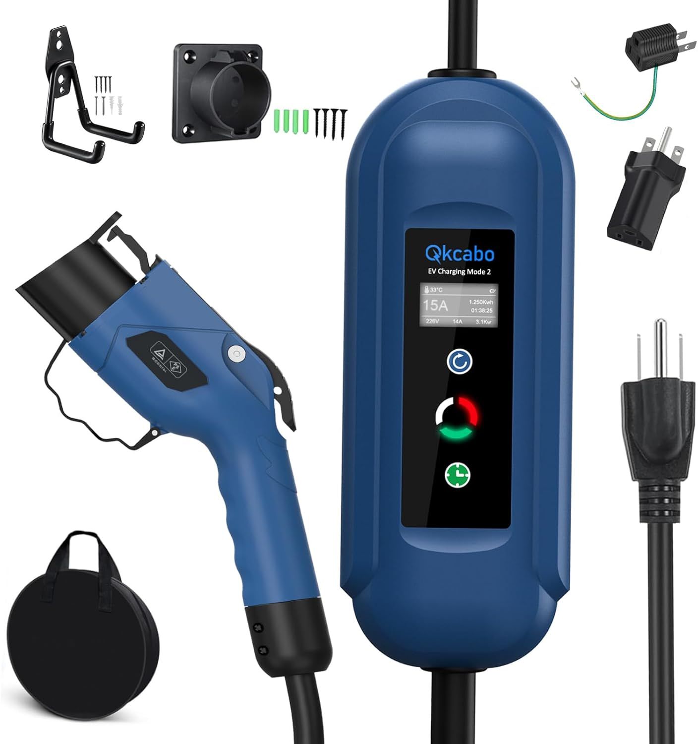 Qkcabo 100V-240V 電気自動車 充電ケーブル EV 充電ケーブル、8A/10A/13A/15A 電流調整可能の家庭用自動車充電ガンSAE J1772急速PHEV充電ケーブル付き、電気自動車用ポータブル充電器