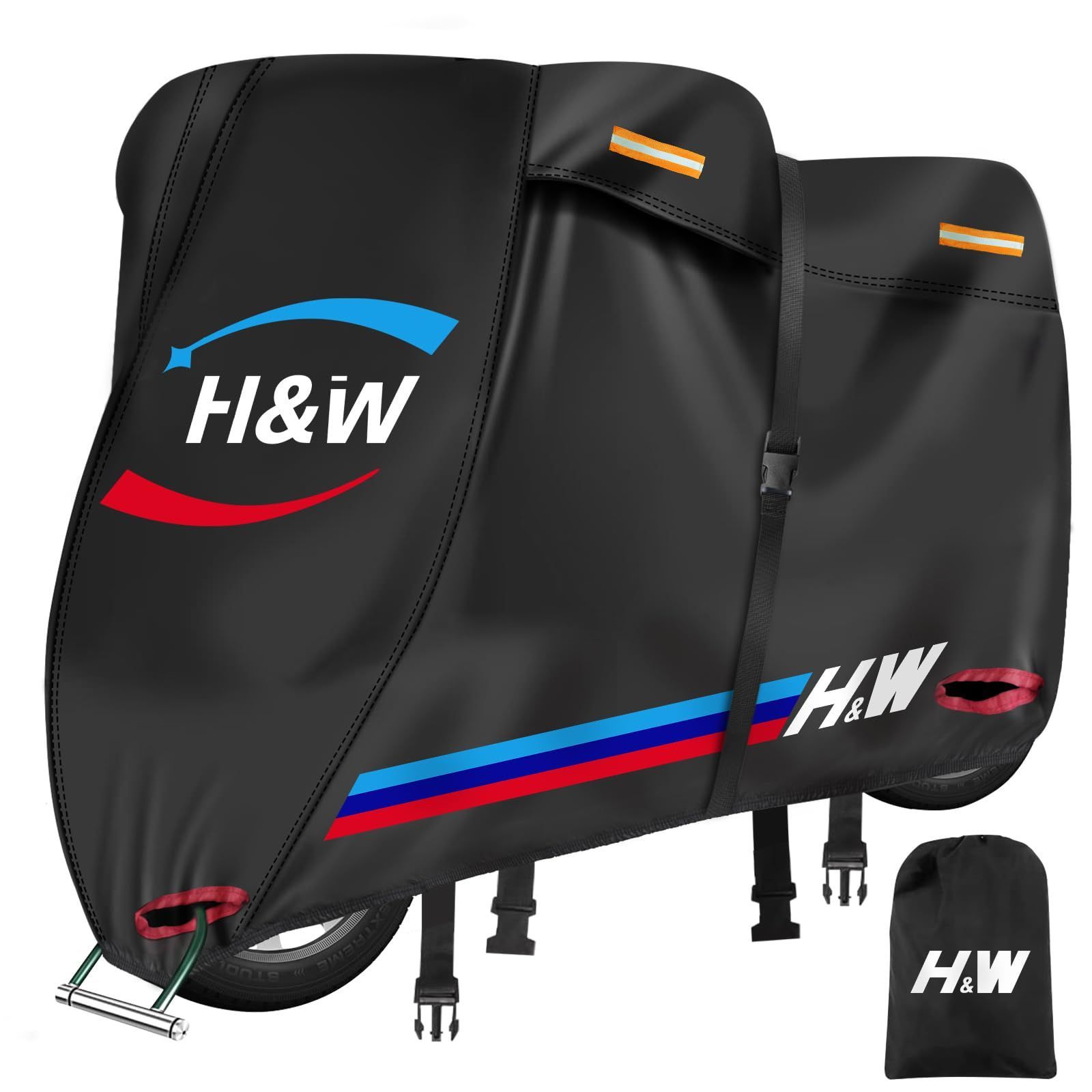 2025年新版 H-W バイクカバー 420D厚手 防水 耐熱 溶けない 大型|原付対応 汎用 破れにくい UVカット紫外線防止 スクーターバイク用車体カバー ワンタッチバックル前後付き 反射テープ 盗難防止 撥水 防塵 防風 全天候型 ポリエステルオ