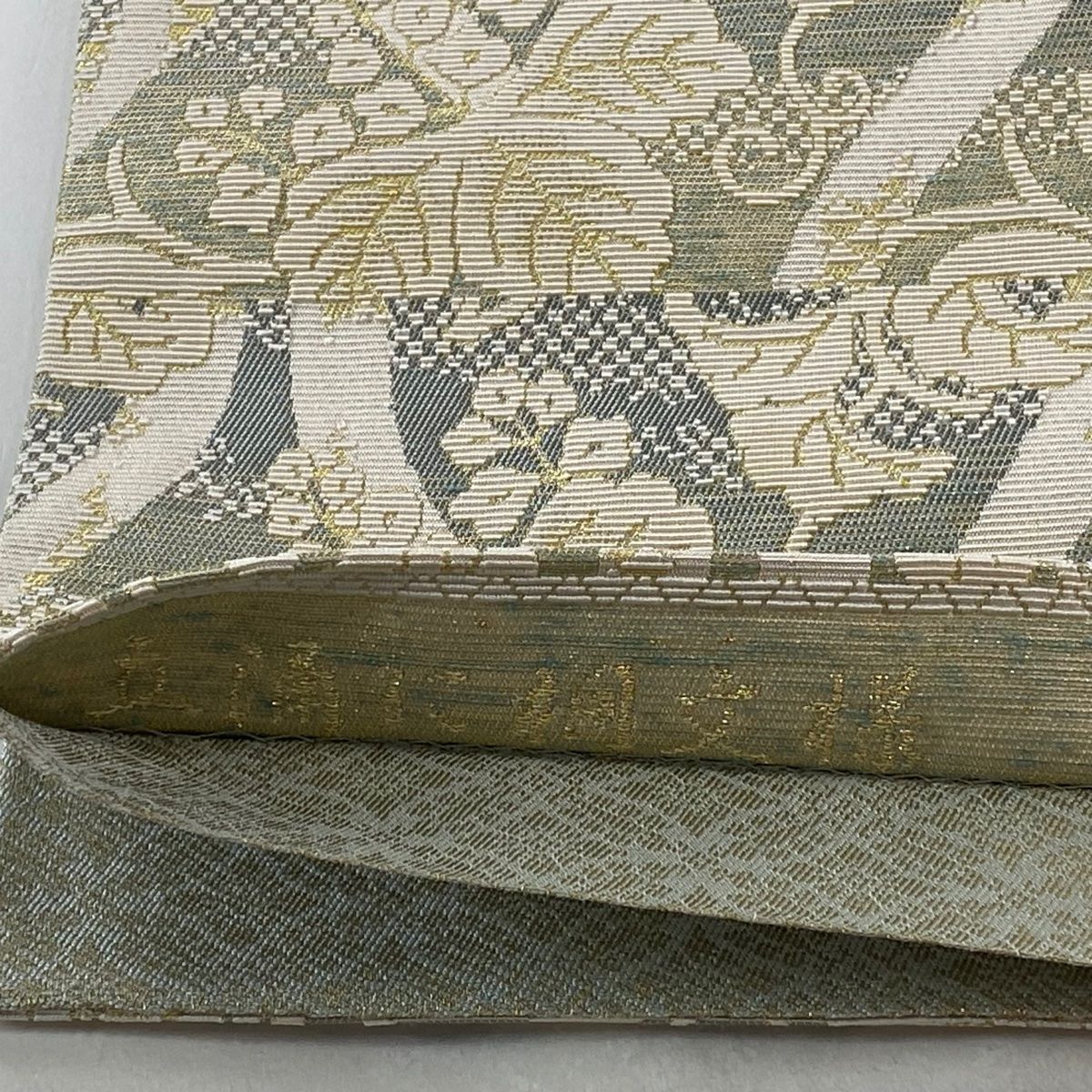 袋帯 美品 逸品 立涌に桐文様 輪奈織 金糸 灰緑 全通 正絹