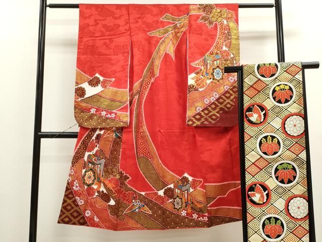 平和屋着物[]七五三 女の子 7歳 祝着 四つ身 袋帯セット 御所車