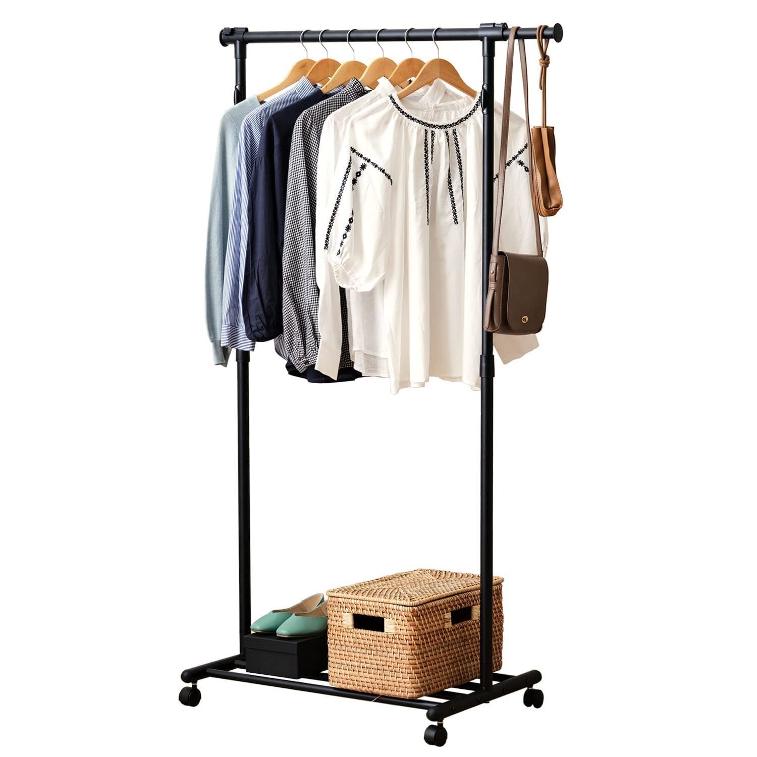【人気商品】室内干し 大容量 RPHS-80BK 子供 衣装 洋服収納 押入れ おしゃれ キャスター付き 下棚付き 縦横伸縮 幅80~129.5×奥行47.5×高さ107~161cm 全体耐荷重40kg 頑丈 黒 楽ちん上げ下げハンガー