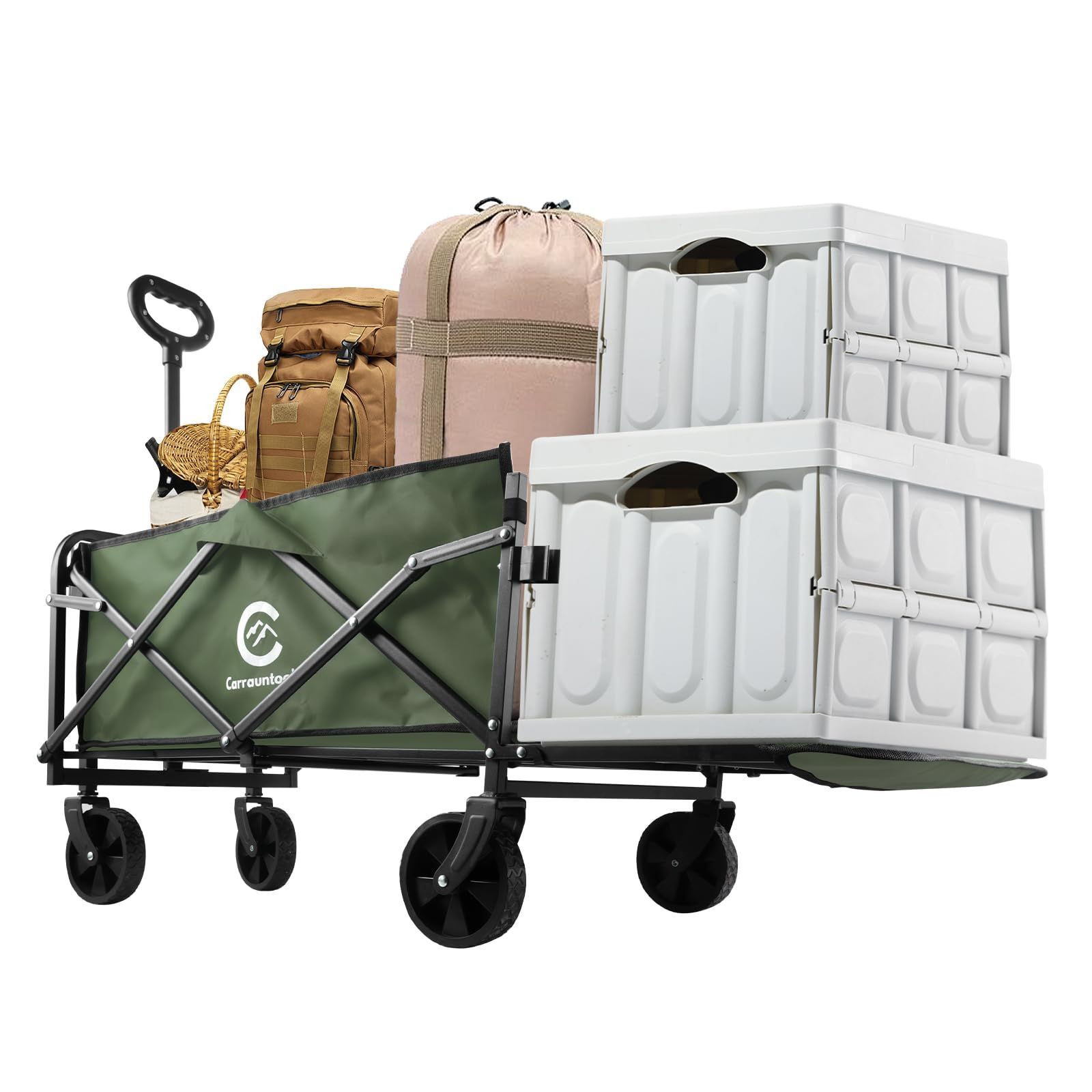 キャリーワゴン キャンプ用品長物対応 耐荷重150KG 全地形対応 キャリーカート コンパクトに収納でき 折りたたみ キャンプ 輕量 BBQ 後部展開可 100L大容量 釣り アウトドアワゴン 買い物に最適 Carrauntoohill オリーブ