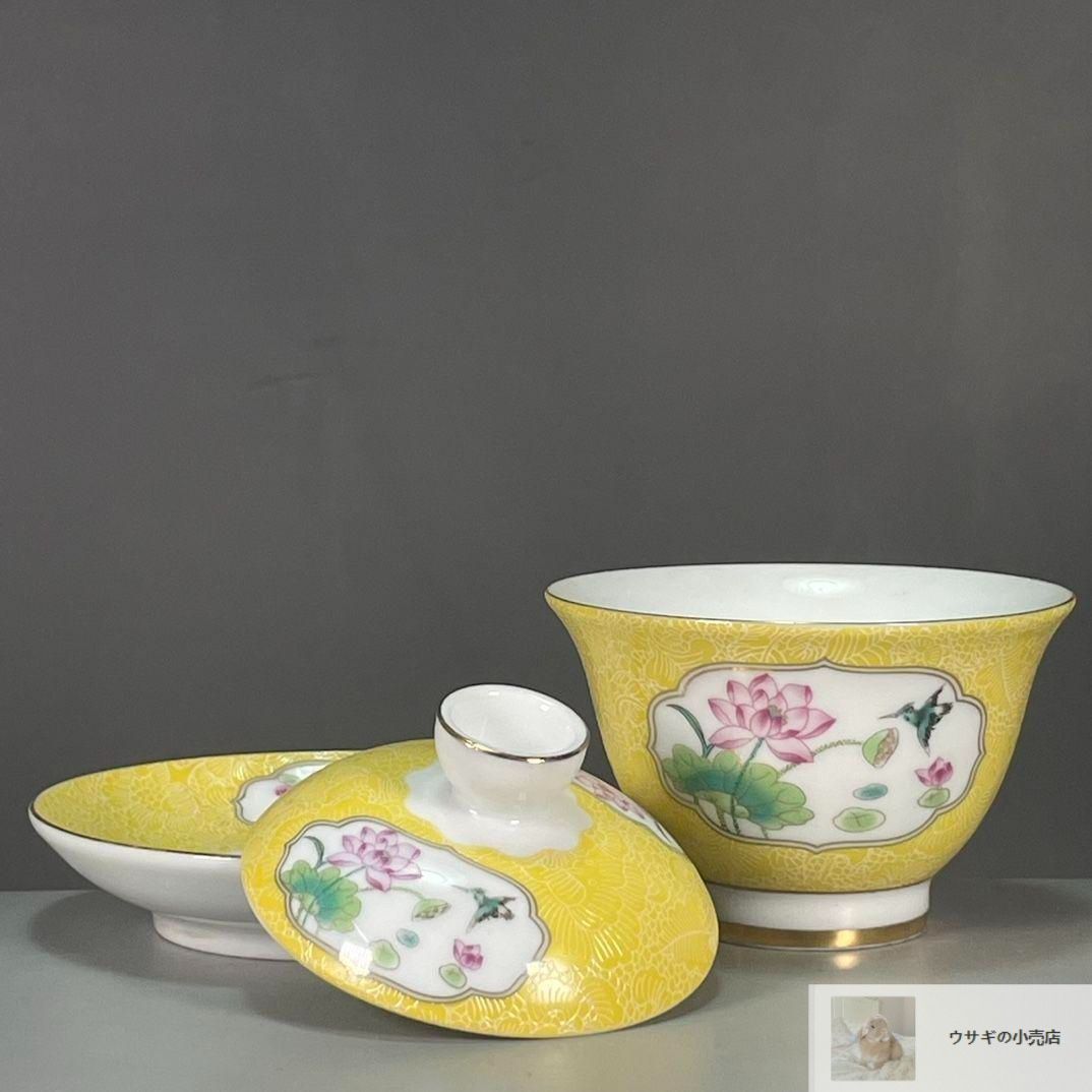 未使用品 花卉図紋三才蓋碗 中国茶器 景徳鎮 蓋付き 茶器 飲茶