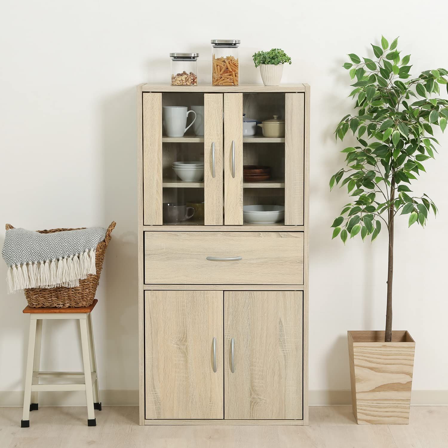 不二貿易 食器棚 キッチンキャビネット 幅60×奥行29×高さ120㎝ ホワイトオーク キッチン収納 ガラス扉 組立商品 70691