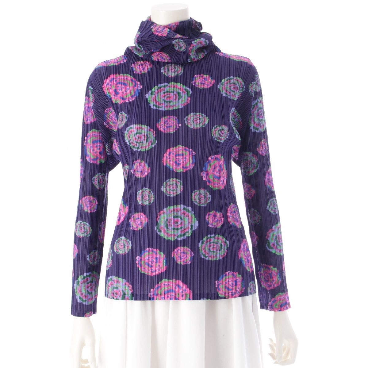 プリーツプリーズ イッセイミヤケ ハイネック 花柄 フラワー カットソー トップス パープル 3【中古】 プリーツプリーズ イッセイミヤケ ハイネック 花柄 フラワー