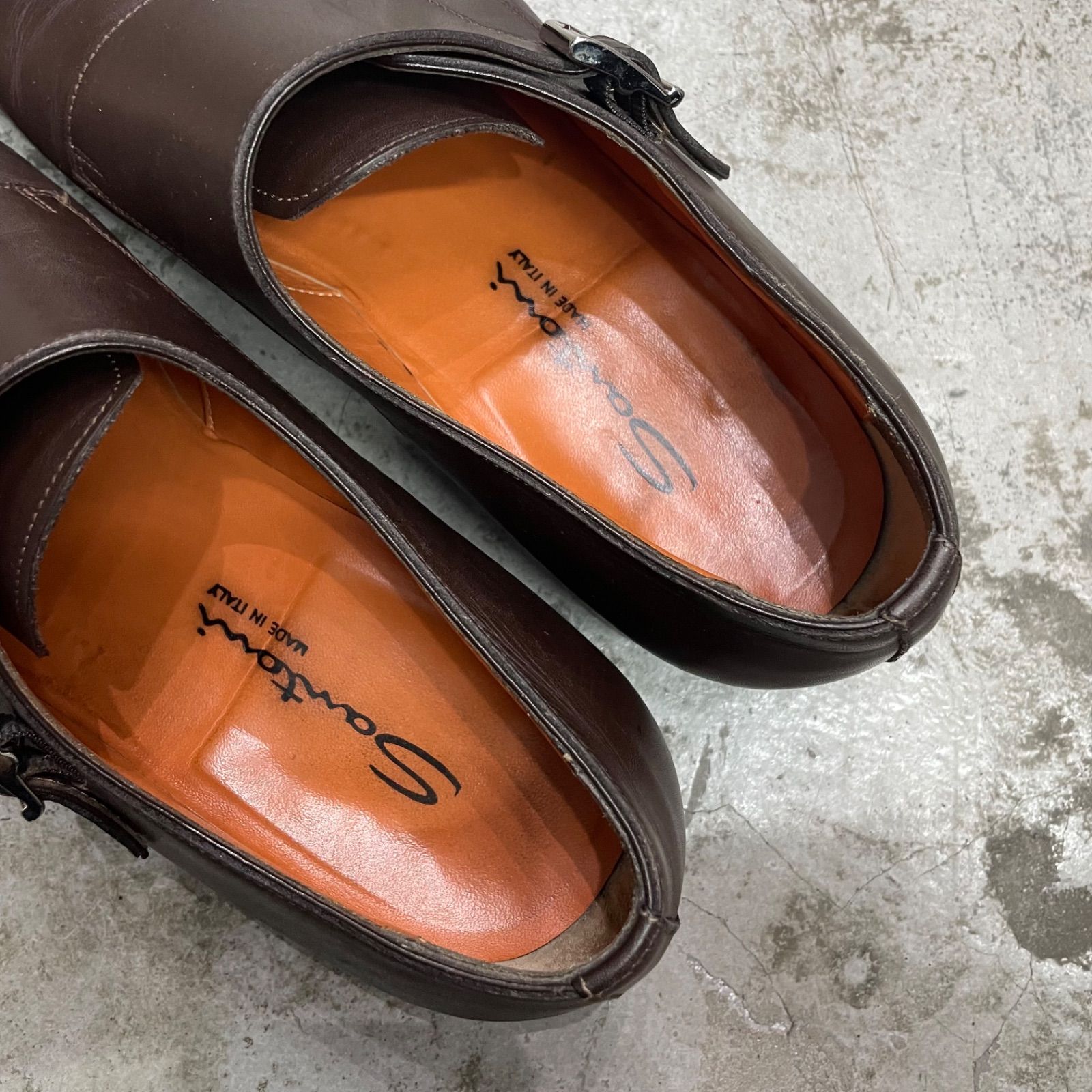 SANTONI レザー カーフ ダブルモンク ストラップ スリッポン シューズ 