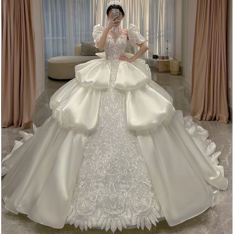 送料無料 2025 ウェディングドレス 大きいサイズ 新婦用 重工 デザイン サテン フレンチスタイル フォトウェディング
