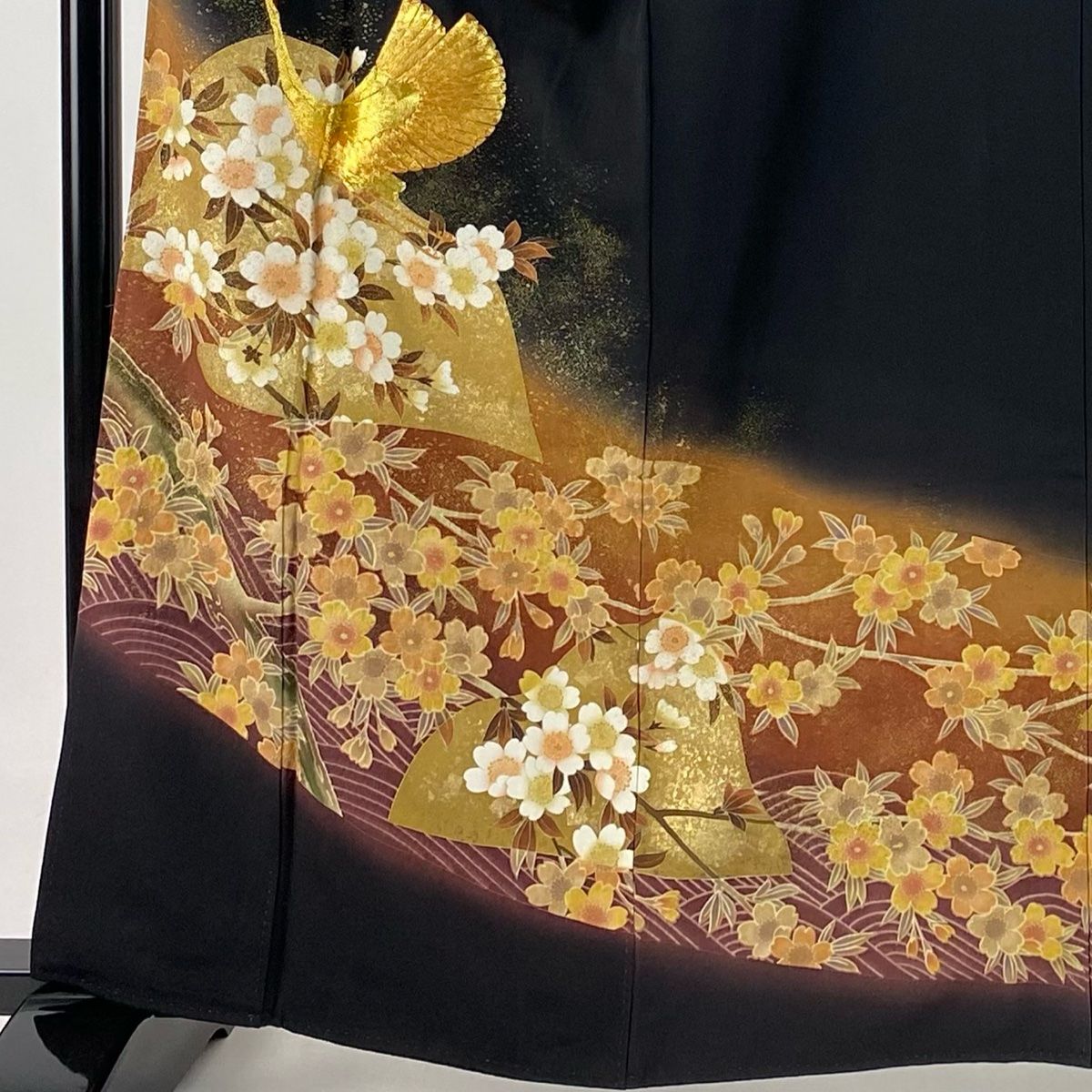 黒留袖 身丈162cm 裄丈66.5cm M 袷 落款 鶴 桜 金糸 金彩 黒