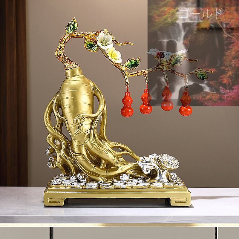 骨董 金色 天然瓢箪オブジェ 房付き 古い時代物開運金運