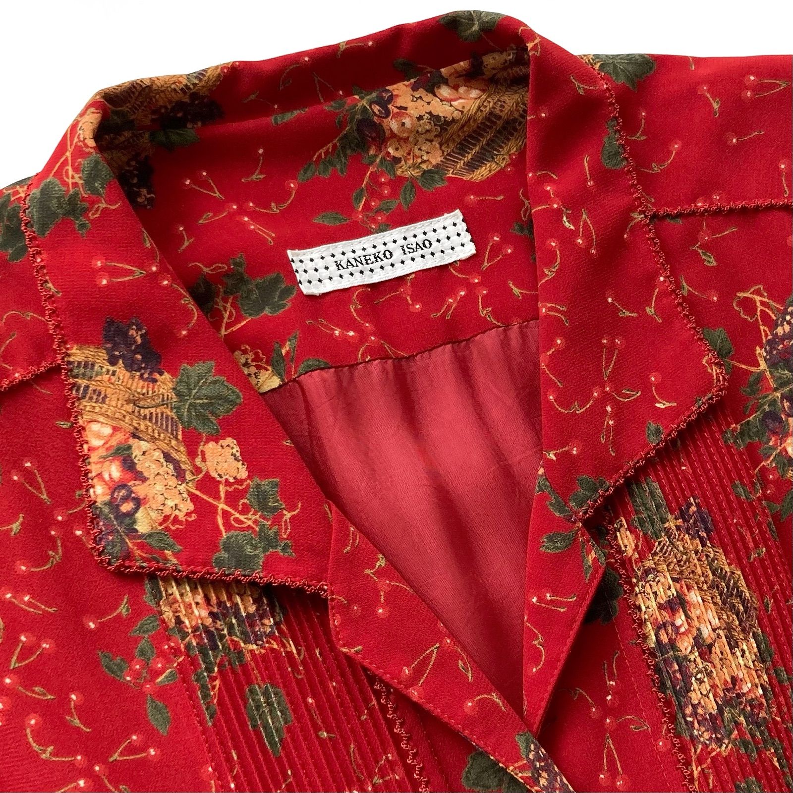 美品 カネコイサオ ロングワンピース 開襟 フレア レッド 赤 フルーツ柄 総柄 美品 カネコイサオ ロングワンピース 開襟 フレア レッド 赤
