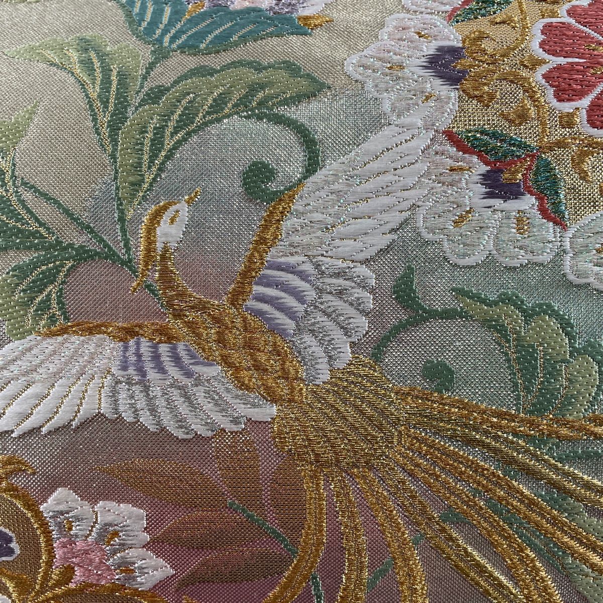 袋帯 美品 秀品 関西仕立て 華文 尾長鳥 金銀糸 箔 金色 六通 袋帯 美品 秀品 関西仕立て 華文 尾長鳥 金銀糸 箔 金色 六通