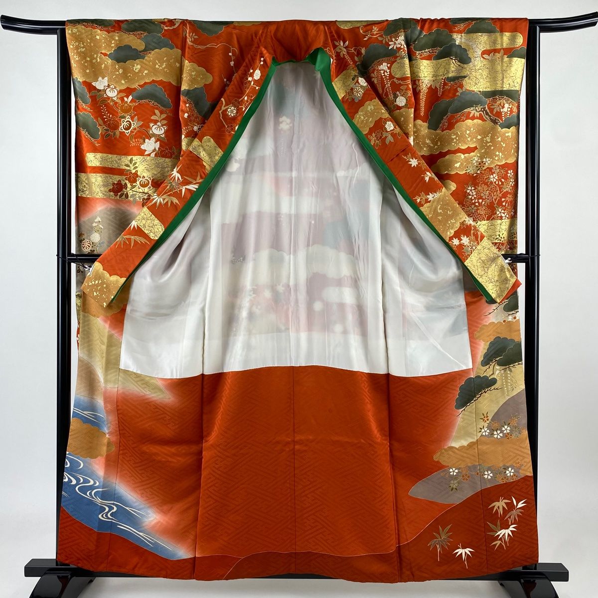 振袖 身長158-173cm 黄 矢絣 牡丹 松竹梅 正絹 502z22〇松本健一 振袖 友禅 牡丹 松竹梅 黄色〇美品 成人式