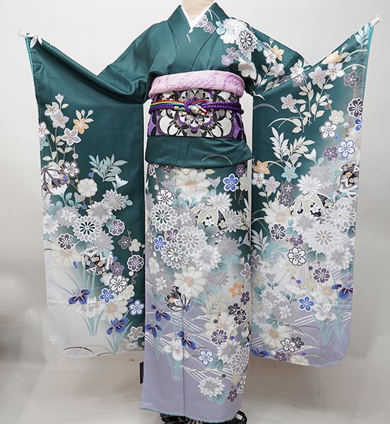 振袖 着物 単品 合繊 HL アッシュエル 絵羽柄 白色 ダスティーカラー 振袖 着物 単品 合繊 仕立て上がり HL アッシュエル 絵羽柄 深緑色