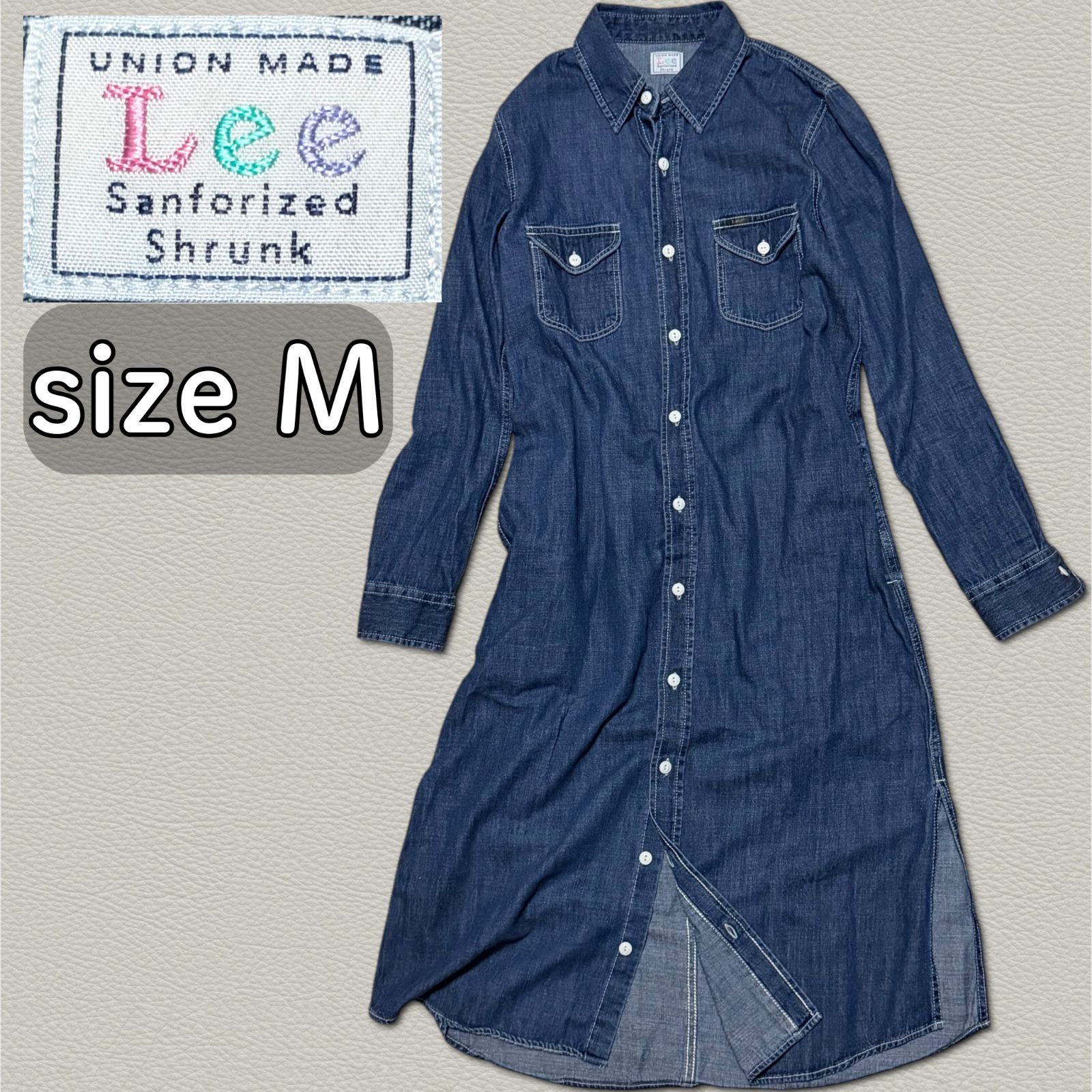 美品】Lee デニムシャツワンピース ロング丈 ミモレ丈 インディゴ 前 