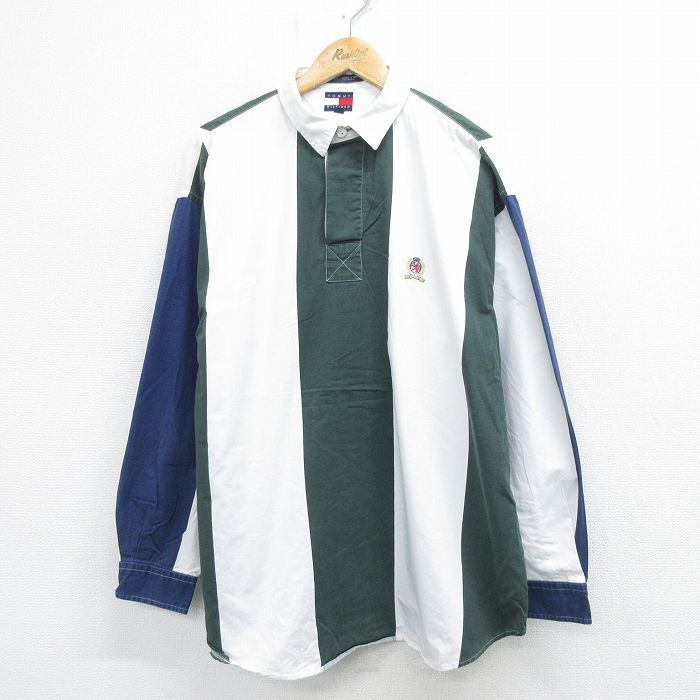L/古着 トミーヒルフィガー 長袖 ブランド ラガーシャツ メンズ 90s ワンポイントロゴ コットン 白他 ホワイト ストライプ spe 24sep19 中