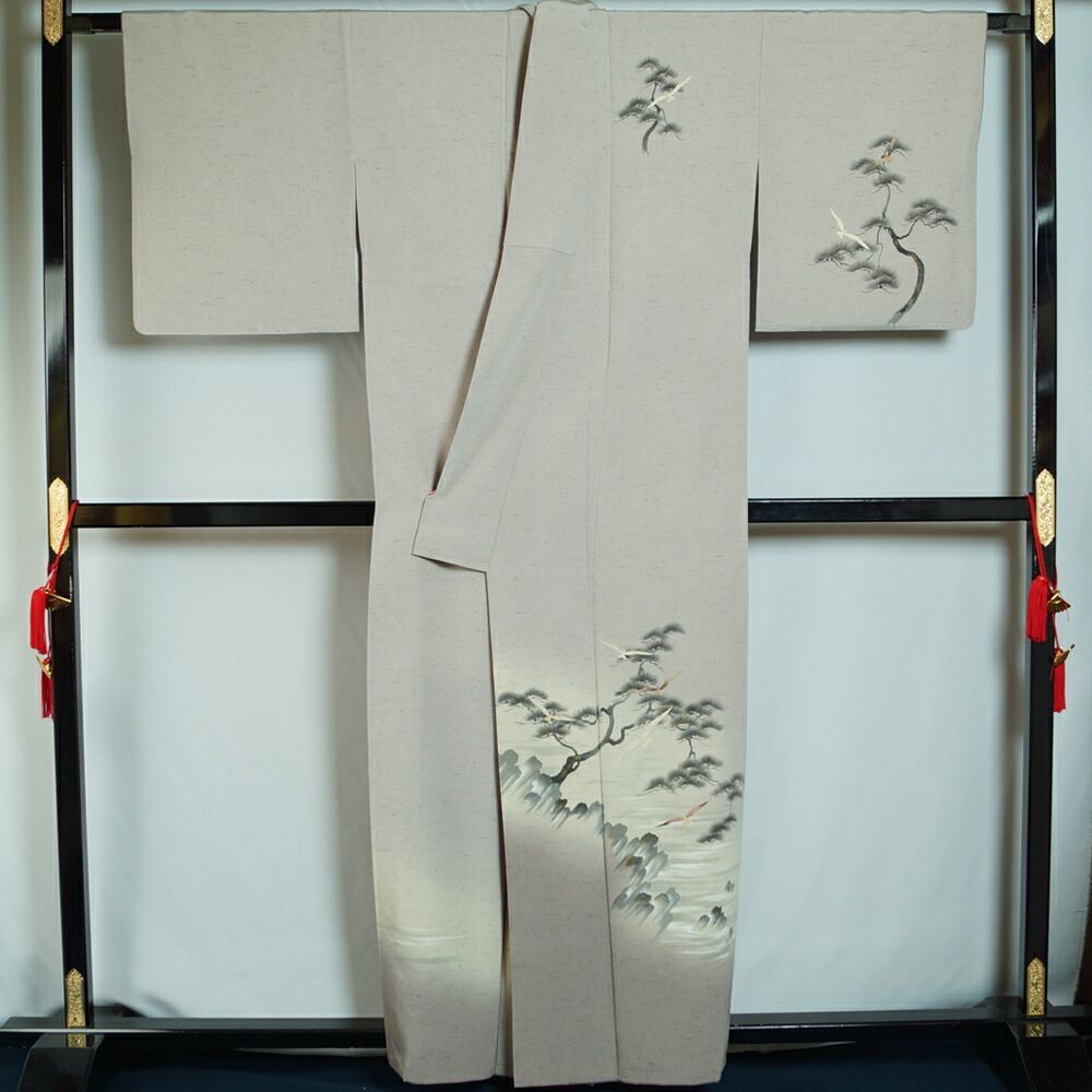 洒落訪問着 蓑虫工芸作家 田尾笛秋 ぜんまい紬 浜辺に海鳥模様 【 中古】【みのむし 作家物 落款有り 紬の訪問着 紬 リサイクル着物 仕立て上がり 正絹 訪問着 購入 販売 きもの天陽】