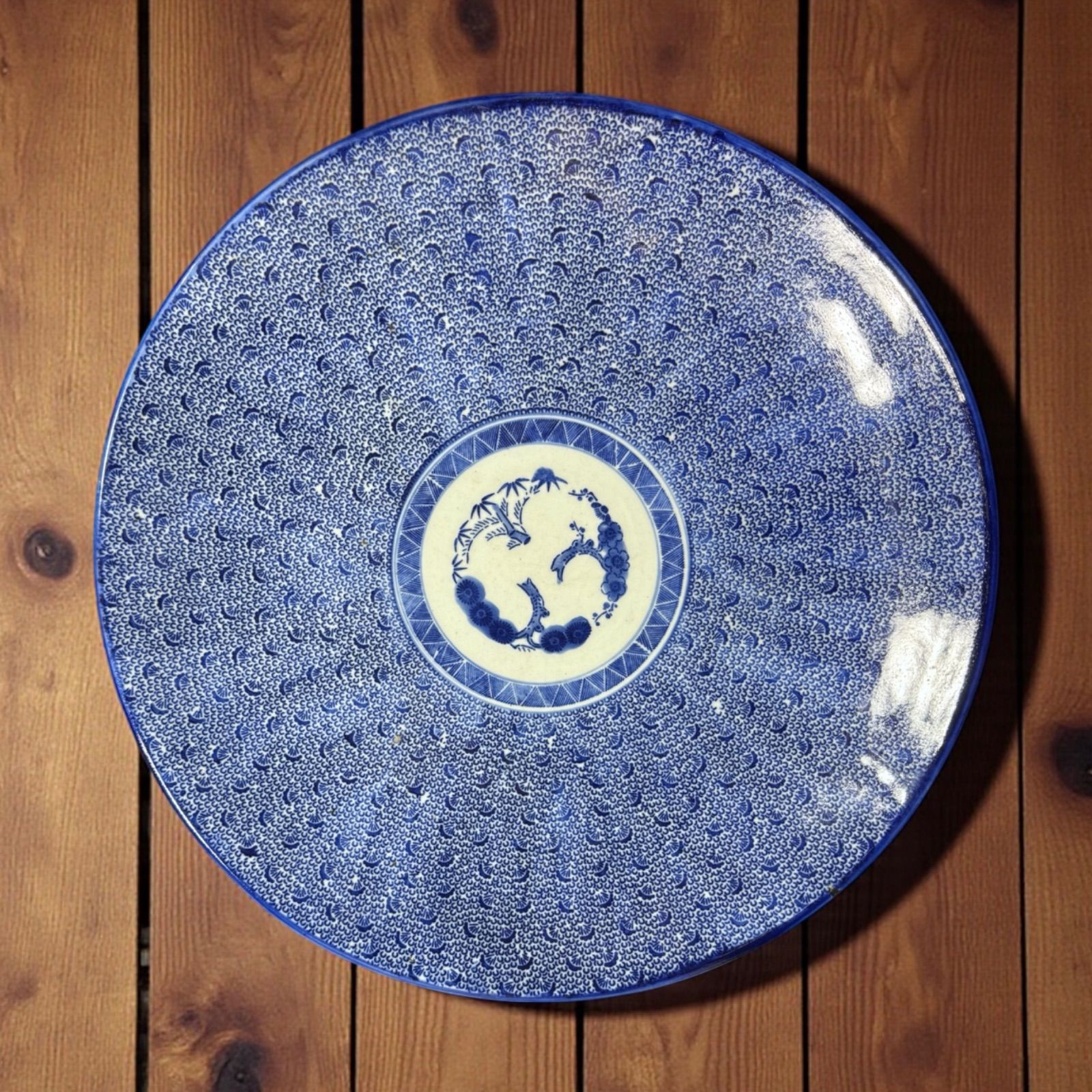 古伊万里 微塵唐草 印判皿 直径42cm 大皿 装飾皿 染付 松竹梅 明治 