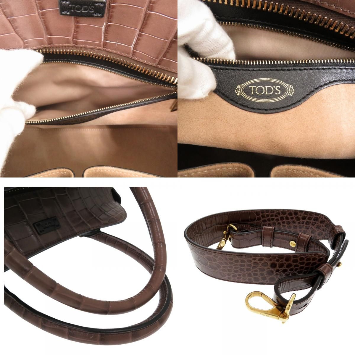 美品 トッズ クロコ 型押しレザー キャンバス ショルダーバッグ 2way