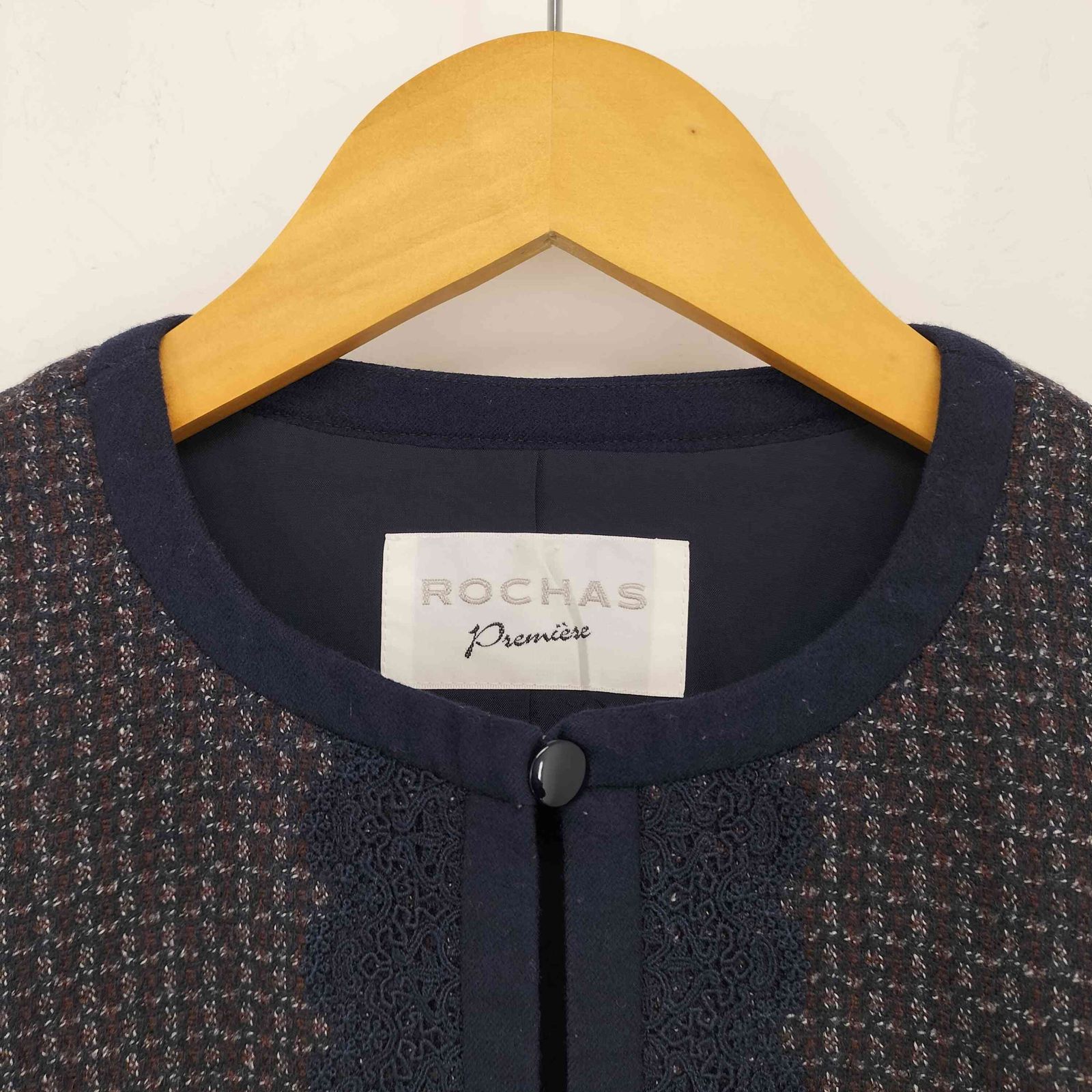 ROCHAS ロシャス　未使用　ジャケット ロシャス Rochas チェック柄 レースデザイン ノーカラー ジャケット