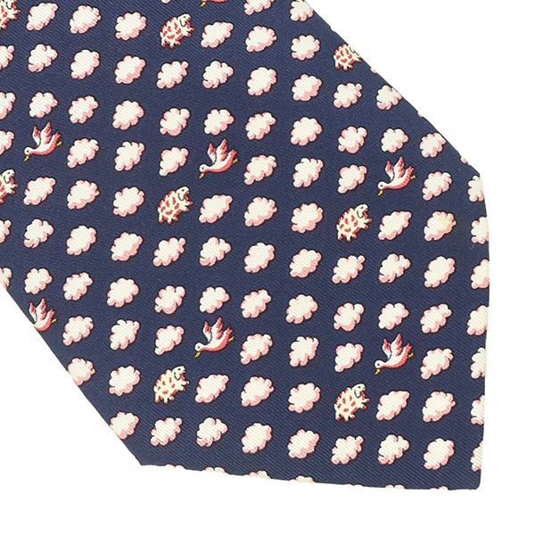 エルメス HERMES ネクタイ 雲と羊と鳥 9cm シルク ブルー×ホワイト 青